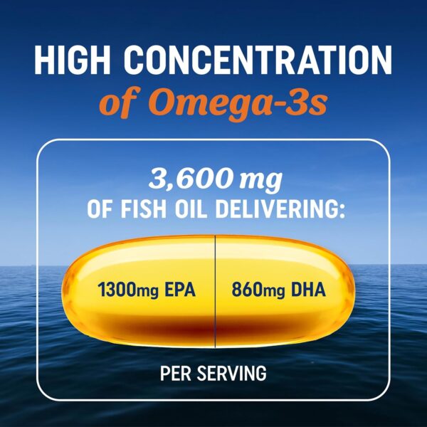 Triple Strength Omega 3 Fish Oil 3600 mg | EPA & DHA | Over 2100mg Omega-3 Fatty Acids | 1300mg EPA + 860mg DHA | Best Essential Fatty Acids | Premium Burpless Fish Oil Omega 3 Supplements (120 Ct) - Image 2