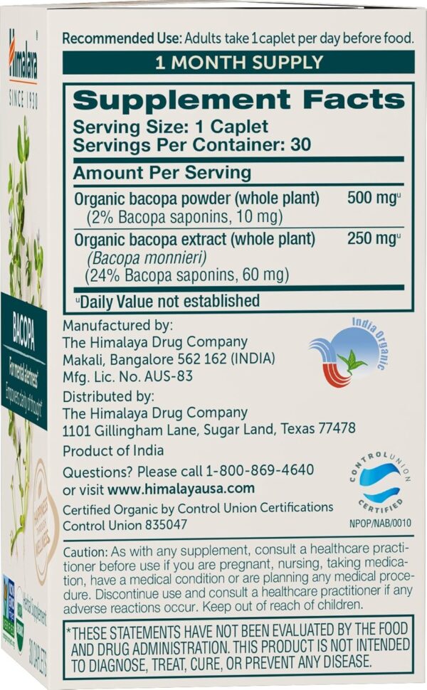 Himalaya Organic Bacopa Monnieri Nootropic Herbal Supplement, Mental Alertness, Supports Calm, Memory, Cognition, USDA Certified Organic, Non-GMO, 750 mg, 30 Plant-Based Caplets, 30 Day Supply - Image 2