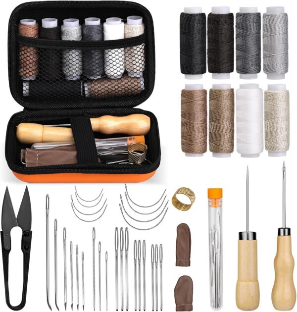 40 Pcs Leather Sewing Kit, Upholstery Repair Kit Sewing Kit, Leather Working Kit with 8 Upholstery Thread, Sewing Needles, Leather Craft Tool Kit for Carseat Backpack CarpetBoots, Shoes