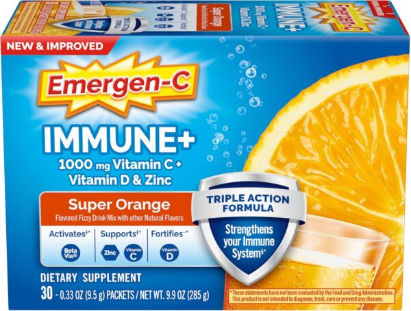 Emergen-C Immune+ Triple Action Immune Support Powder, BetaVia (R), 1000mg Vitamin C, B Vitamins, Vitamin D and Antioxidants, Super Orange – 30 Count (Pack of 1)