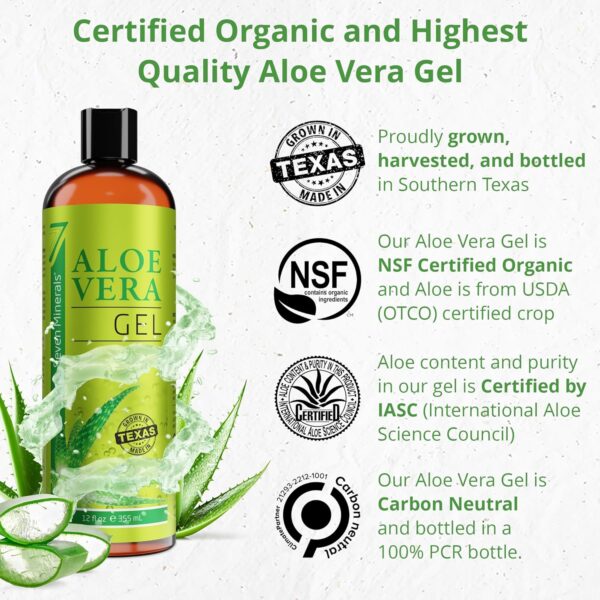 Seven Minerals Organic Aloe Vera Gel from freshly cut 100% Pure Aloe - Big 12oz - HighestQuality, Texas grown, Vegan, Unscented - For Face, Skin, Hair, Sunburn relief - Image 2