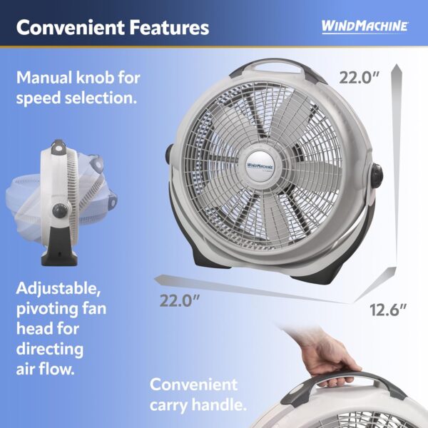 Lasko Wind Machine Air Circulator Floor Fan, 3 Speeds, Pivoting Head for Large Spaces, 20 - Image 3