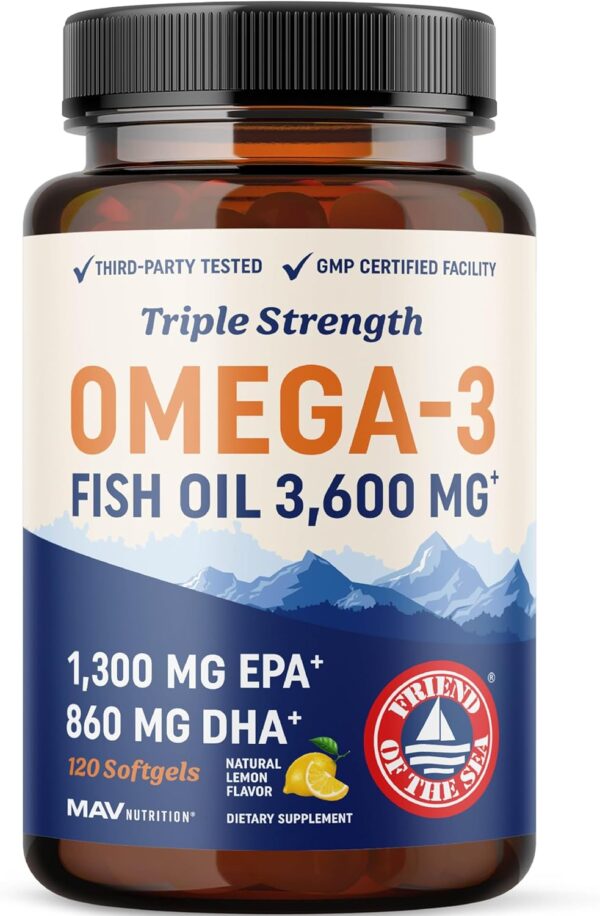 Triple Strength Omega 3 Fish Oil 3600 mg | EPA & DHA | Over 2100mg Omega-3 Fatty Acids | 1300mg EPA + 860mg DHA | Best Essential Fatty Acids | Premium Burpless Fish Oil Omega 3 Supplements (120 Ct)