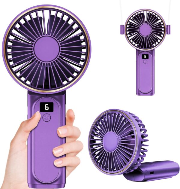 Handheld Fan, Portable Fan, 4000mAh USB Rechargeable Personal Fan, 180° Foldable Mini Desk Fan, 6 Wind Speed, LCD Digital Display, Lanyard as Neck Fan, Ultra Quiet, Pocket Size for Indoor Outdoor