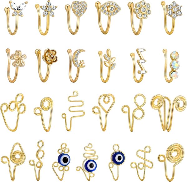 TAMHOO 25 Pcs Multi-Style Fake Nose Rings for Women and Men -Gold Plated Copper African Nose Cuff Non Piercing for Teen Grirls - Nice Gift for Her on Birthday/Valentines Day/Christmas