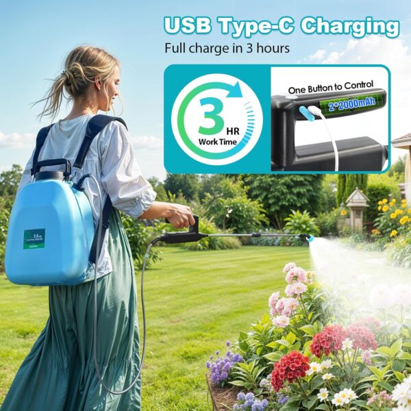 Battery Powered Sprayer 3.2 Gallon, Battery Backpack Sprayer with USB Rechargeable Handle, 5 Mist Nozzles, 32 - Image 2