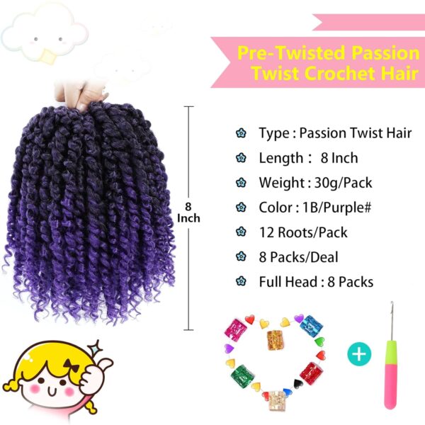 Fulcrum Passion Twist Hair 8 Inch, 8 Packs Passion Twist Crochet Hair for Black Women, Prelooped Crochet Twist Hair with Curly Ends (8Inch, 1B/Purple#) - Image 2