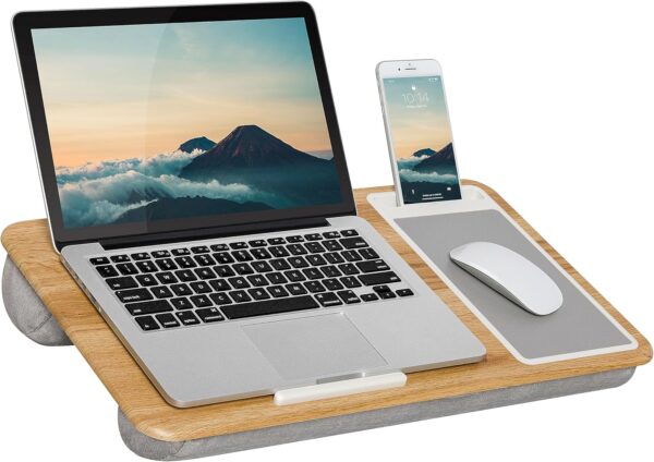 LAPGEAR Home Office Lap Desk with Device Ledge, Mouse Pad, and Phone Holder - Oak Woodgrain - Fits up to 15.6 Inch Laptops - Style No. 91589